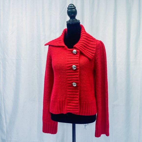 Women's Classy Knit Button Down Sweater INC Lipstick Red Light Jacket Small - Picture 2 of 12